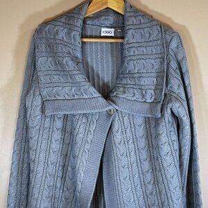 #67 Women's Cleo Cable Knit One-Button Cardigan, Soft Blue-Grey, Size XL